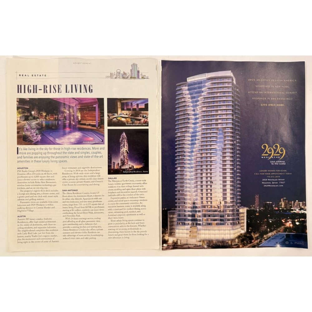 Weslayan High Rise City Living Houston Texas 2 Page Cut Advertisement Print Ad